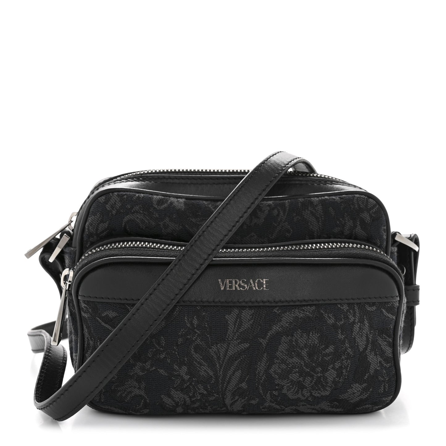 Fabric Jacquard Calfskin Barocco Crossbody Bag Black