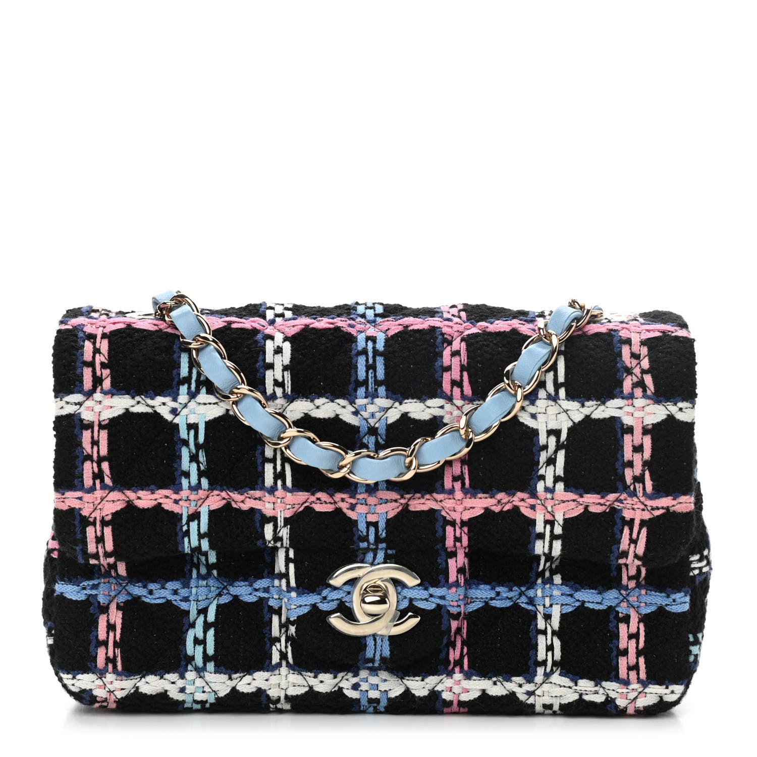 Chanel Tweed Quilted Mini Rectangular Flap Black Pink Blue Ecru 1 of 11
