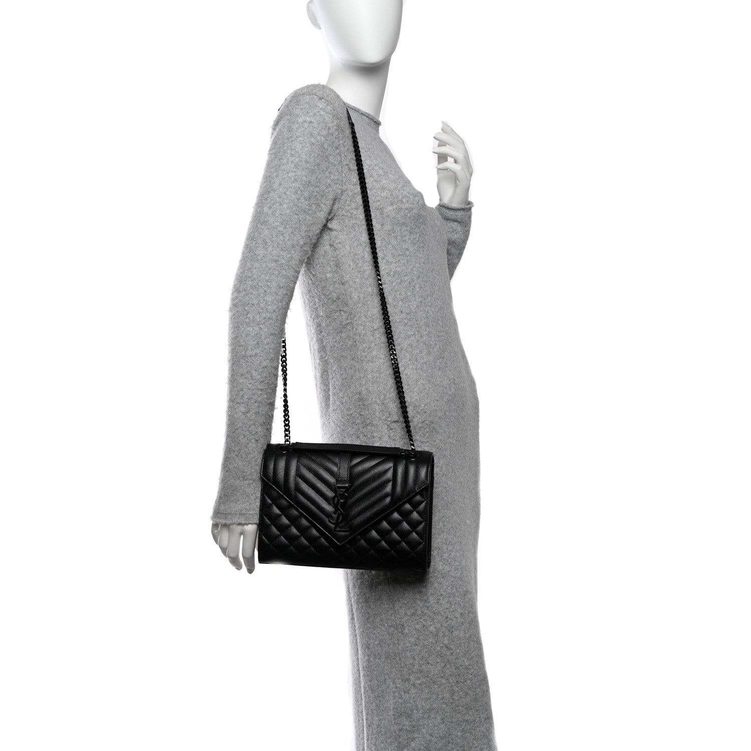 Saint Laurent Grain De Poudre Textured Mixed Matelasse Triquilt Medium Monogram Monochrome Satchel Black 2 of 10