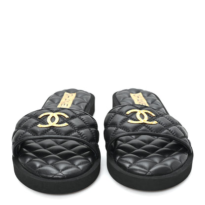 Chanel Lambskin Quilted Textured CC Mules Sandals 39 Black 3 of 9