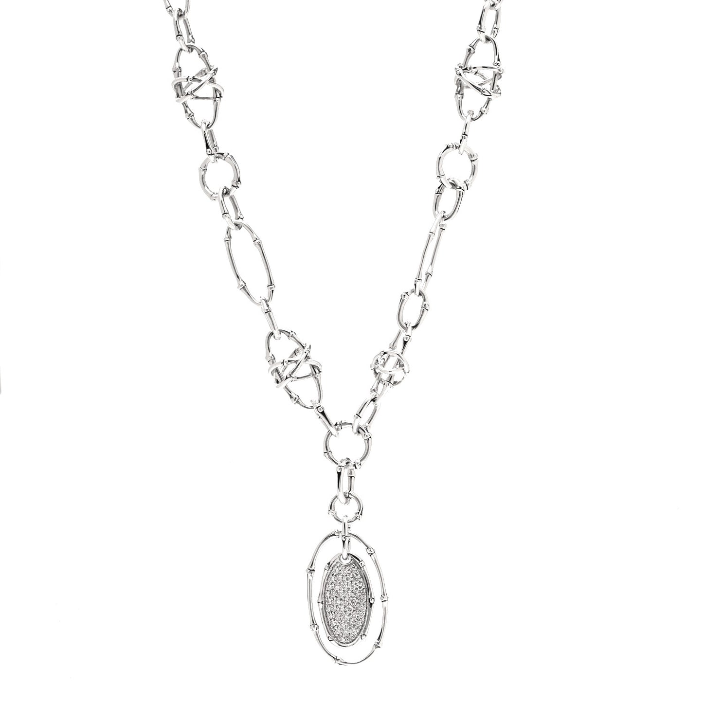 Sterling Silver Diamond Bamboo Oval Pendant Necklace