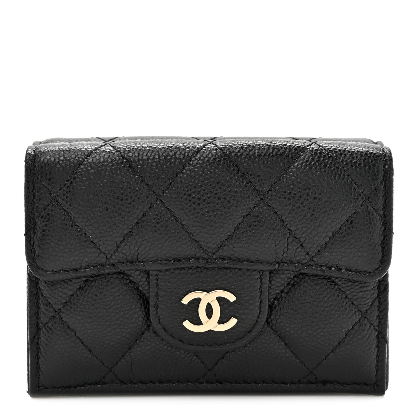 Caviar Quilted Tri-Fold Flap Wallet Black
