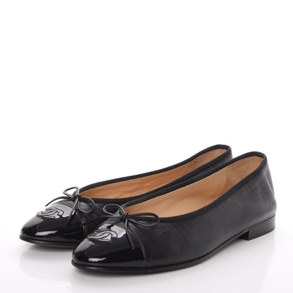 Chanel Lambskin Patent Cap Toe Ballerina Flats 38 Black 3 of 14