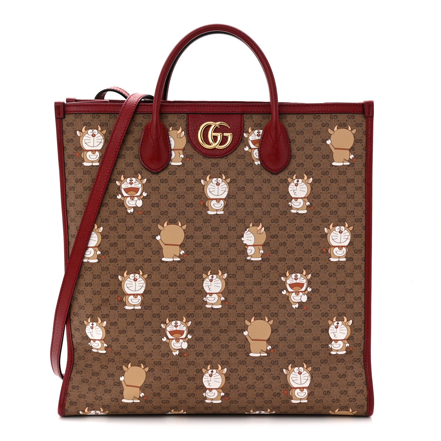 Gucci X DORAEMON Vintage Mini GG Supreme Monogram Medium Tote Bag Beige Cherry Red 1 of 10