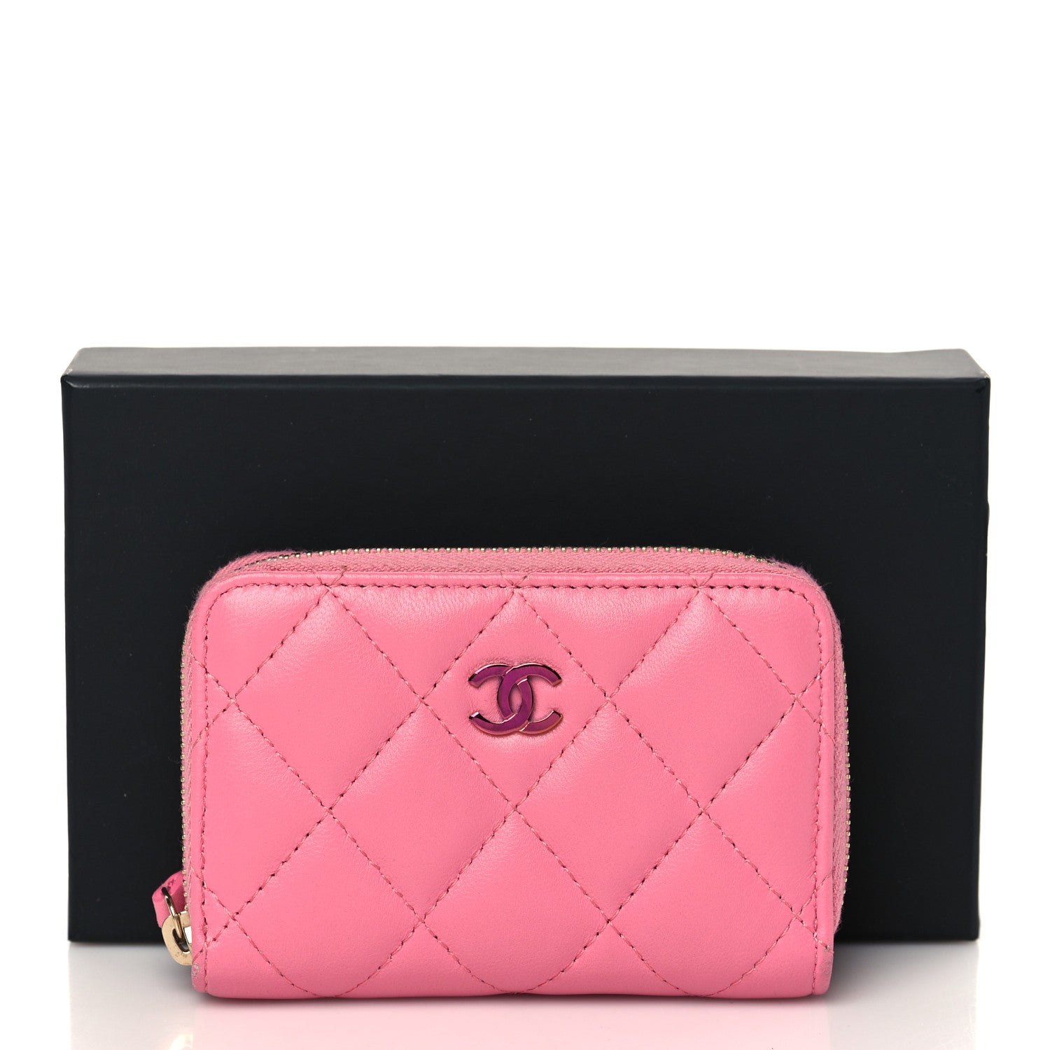 Chanel Lambskin Quilted Zip Around Coin Purse Wallet Pink Yellow 8 of 8