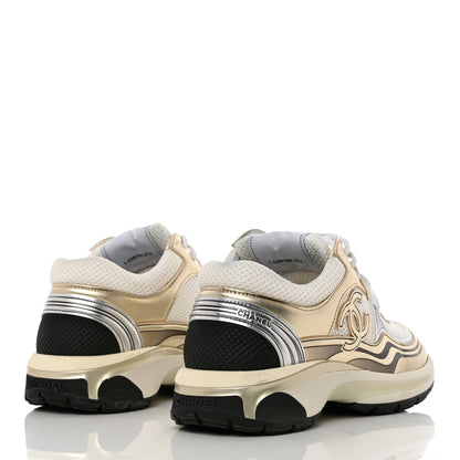 Chanel Nylon Metallic Lambskin CC Sneakers 37.5 White Gold 4 of 9