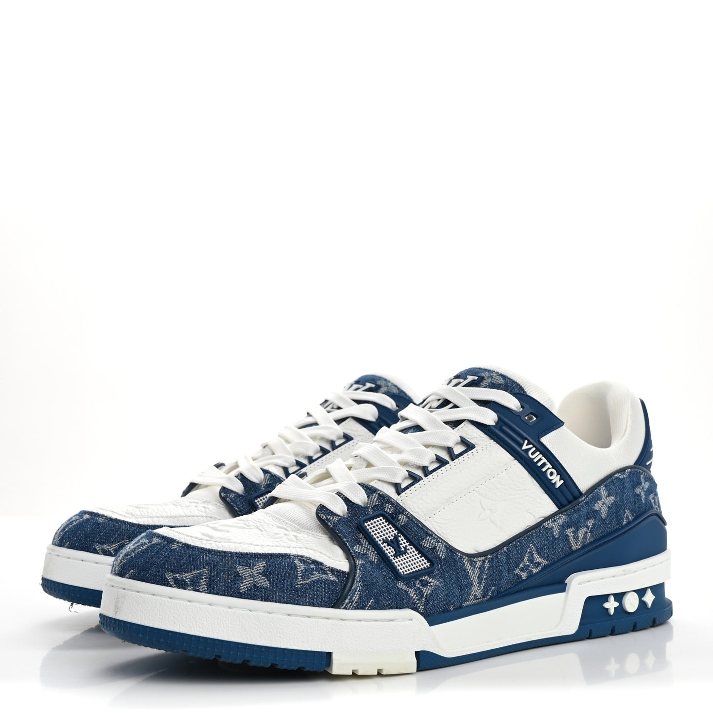 Calfskin Embossed Monogram Denim Mens LV Trainer Sneakers 11 Blue