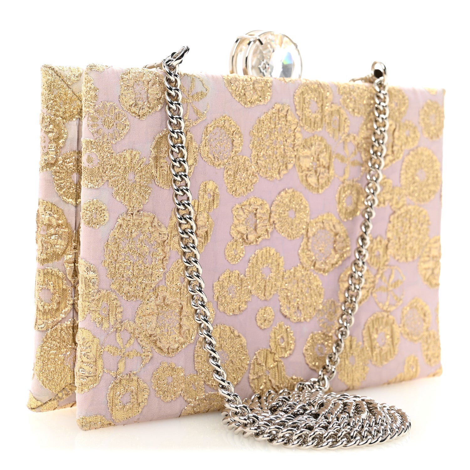 Miu Miu Brocade Floral Jacquard Crystal Chain Clutch Pink Gold 3 of 11