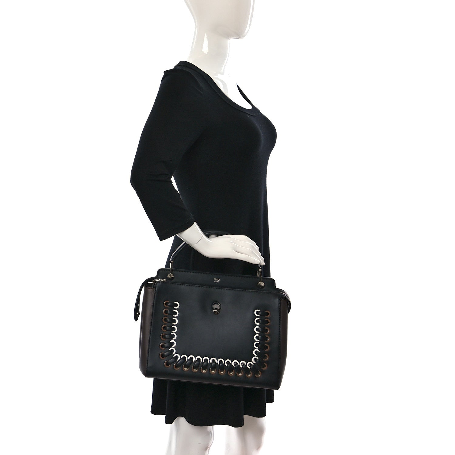 Fendi Vitello Baltico Shiny Nappa Lace Up DotCom Satchel Black 2 of 10