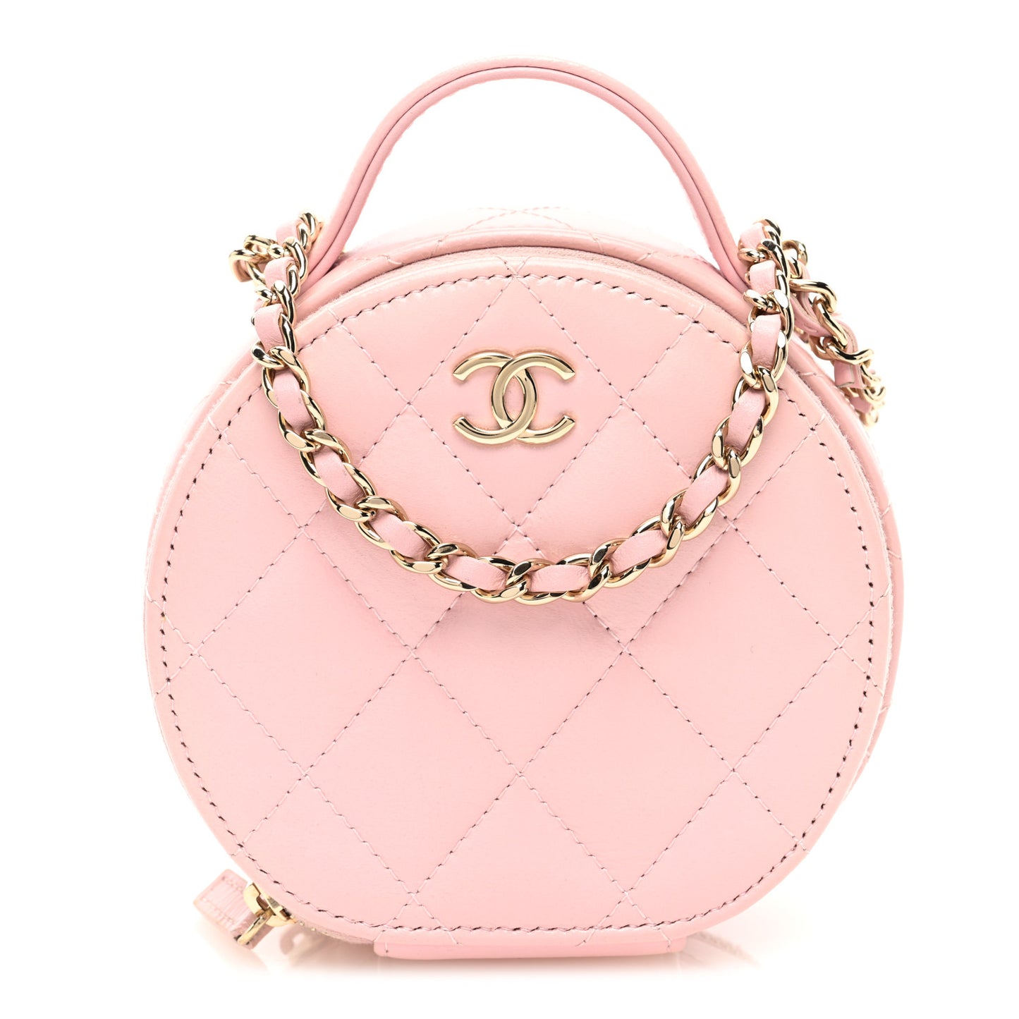 Lambskin Quilted Round Handle With Care Vanity With Chain Pink