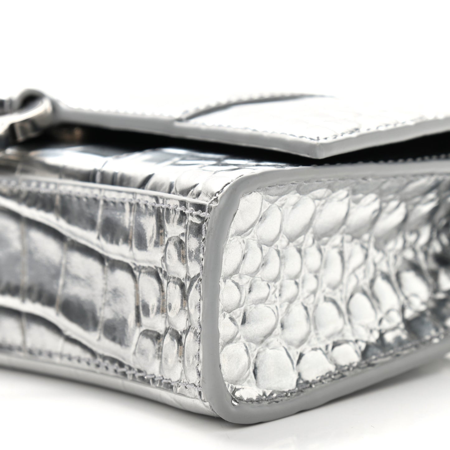 Metallic Calfskin Crocodile Embossed Hourglass Chain Bag Silver
