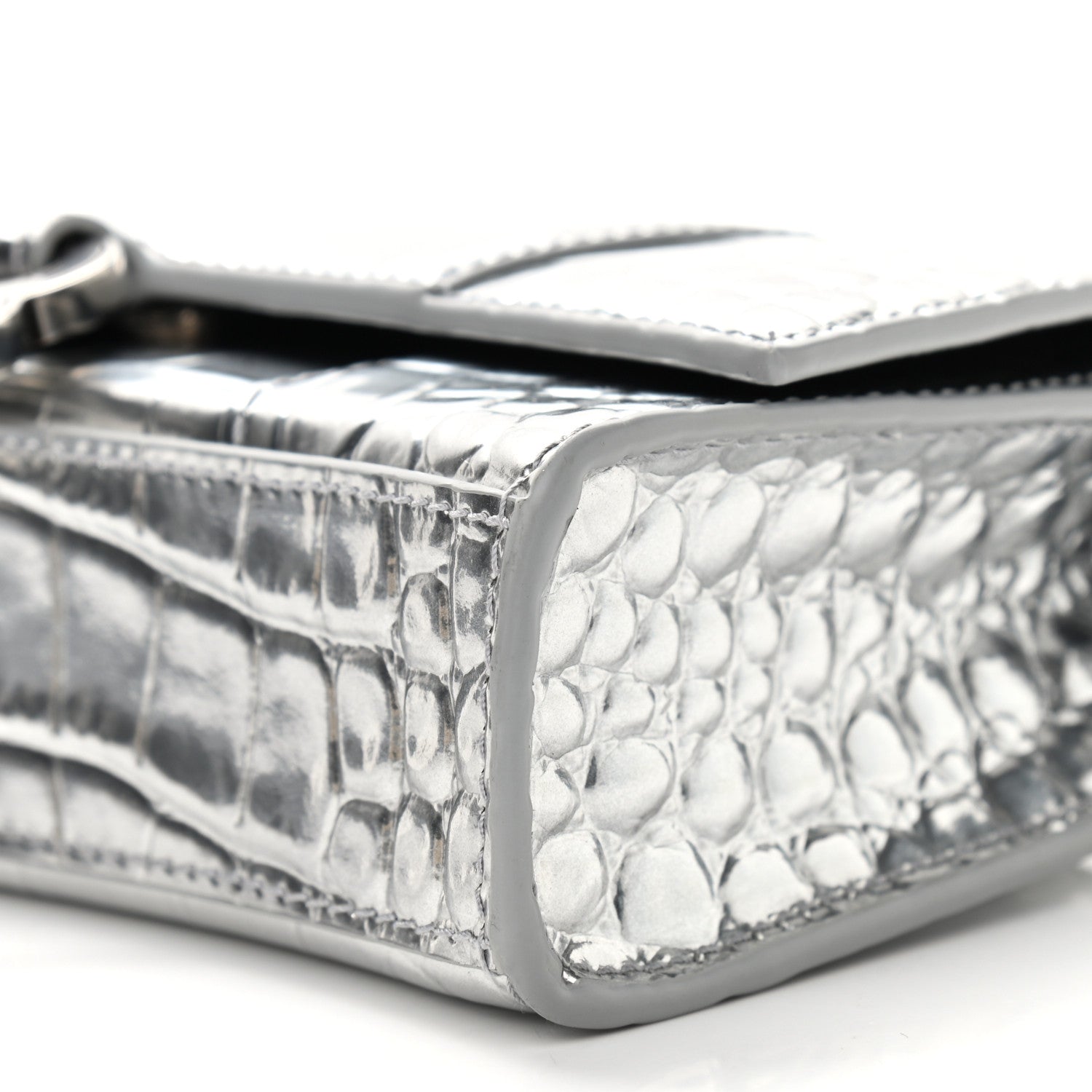 Balenciaga Metallic Calfskin Crocodile Embossed Hourglass Chain Bag Silver 6 of 8