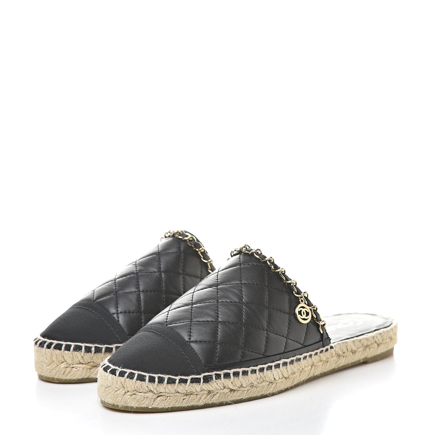 Lambskin Grosgrain Quilted CC Chain Espadrille Mules 40 Black
