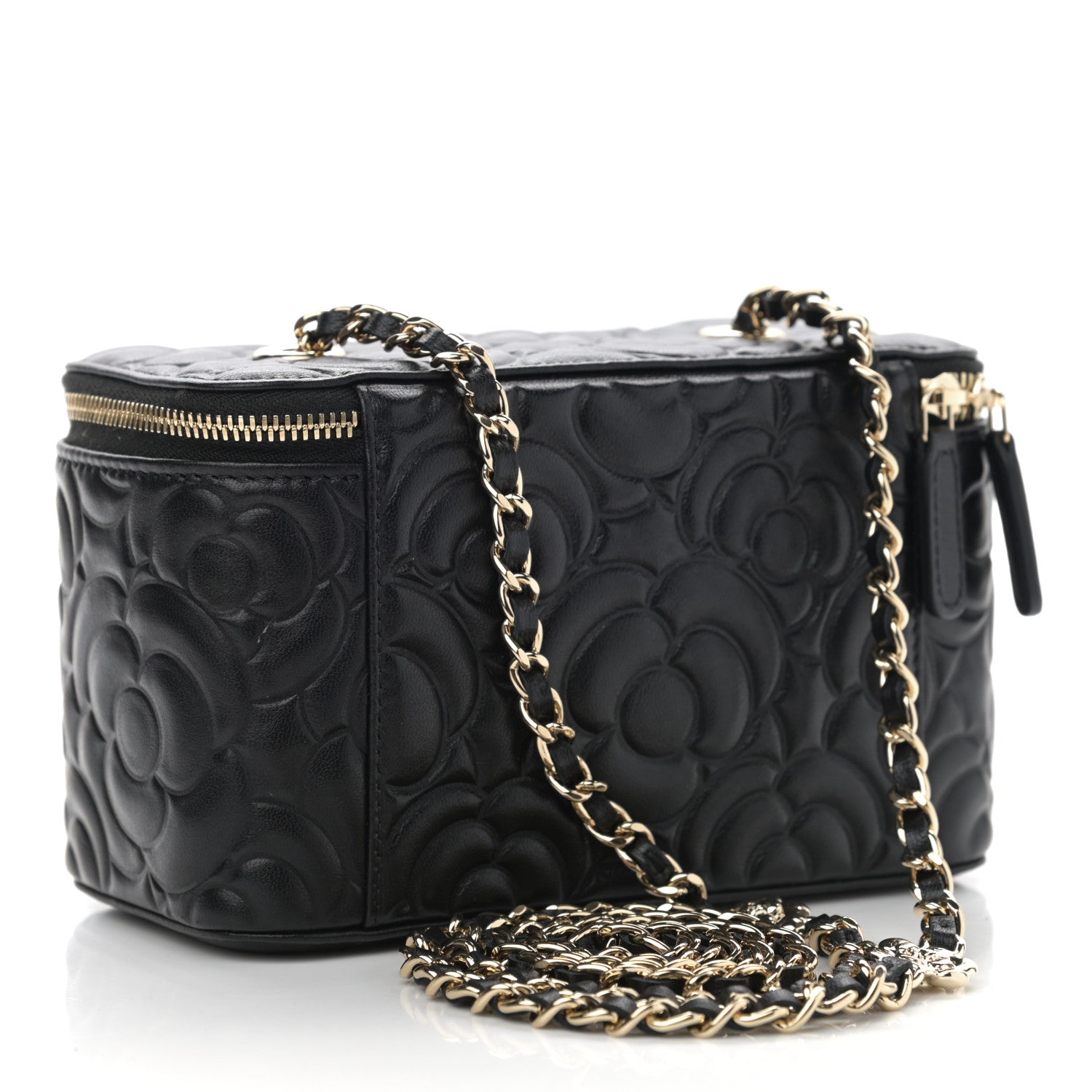 Chanel Lambskin Camellia Embossed Small Vanity Case With Chain Black 3 of 10
