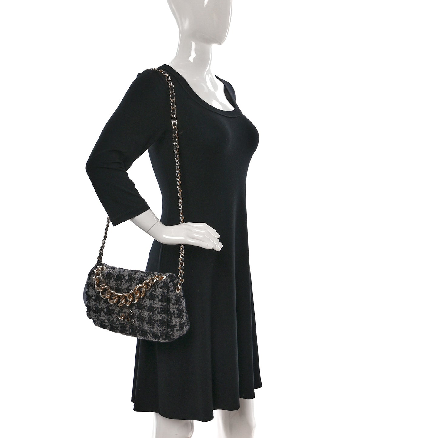 Wool Tweed Quilted Elegant Chain Flap Black Grey