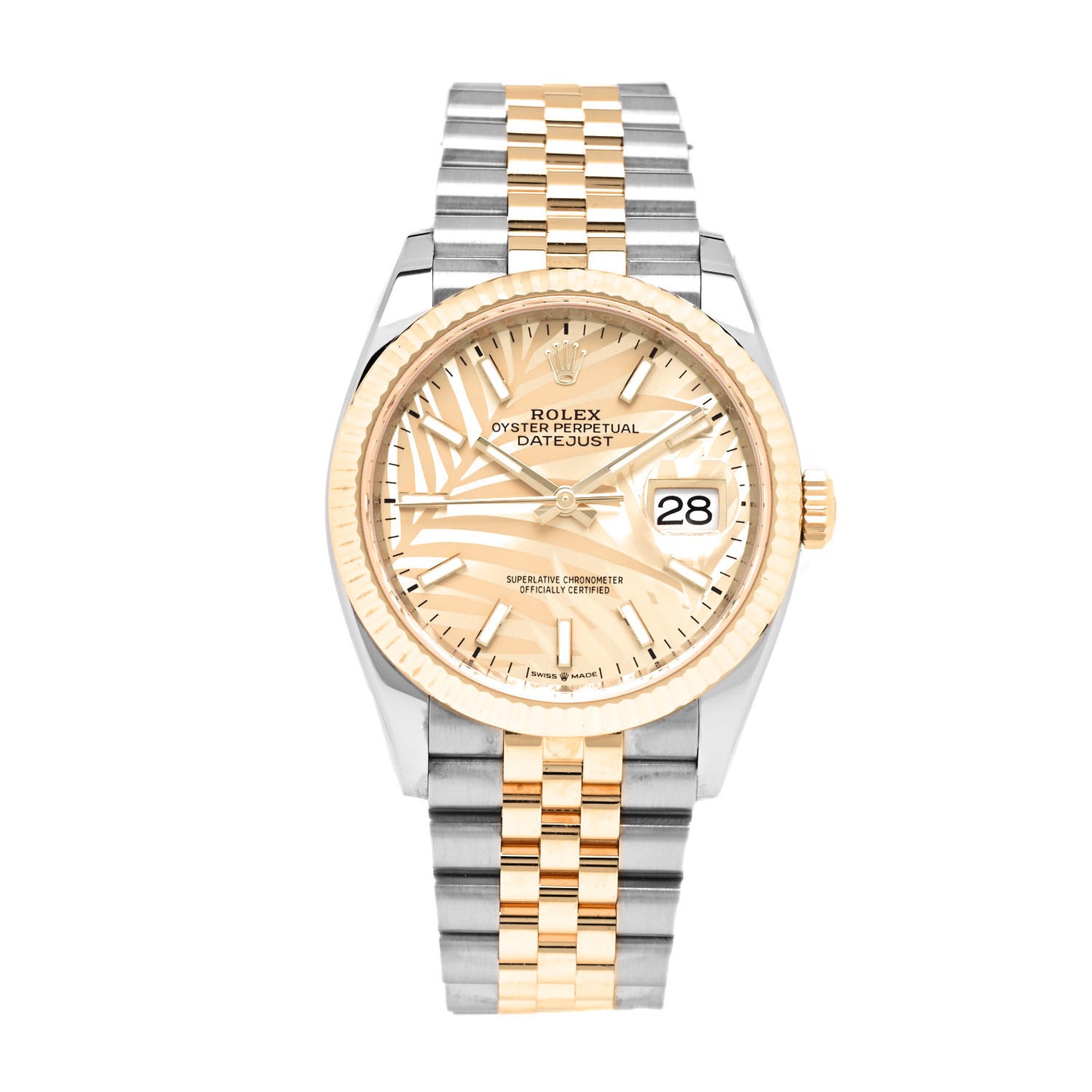 Stainless Steel 18K Yellow Gold 36mm Oyster Perpetual Datejust Watch Golden Palm 126233