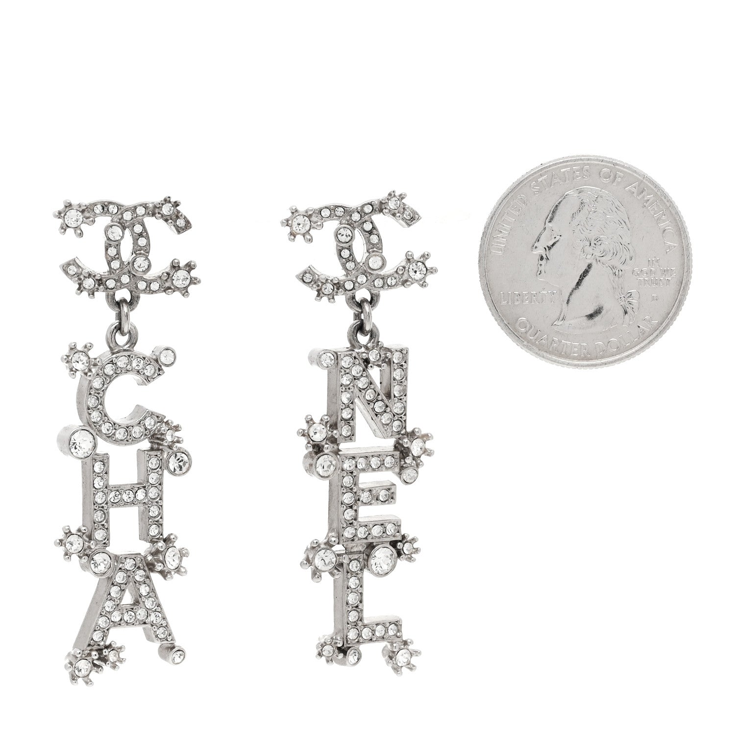 Chanel Crystal Cha-Nel Logo Drop Earrings Silver 2 of 5