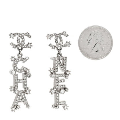 Chanel Crystal Cha-Nel Logo Drop Earrings Silver 2 of 5