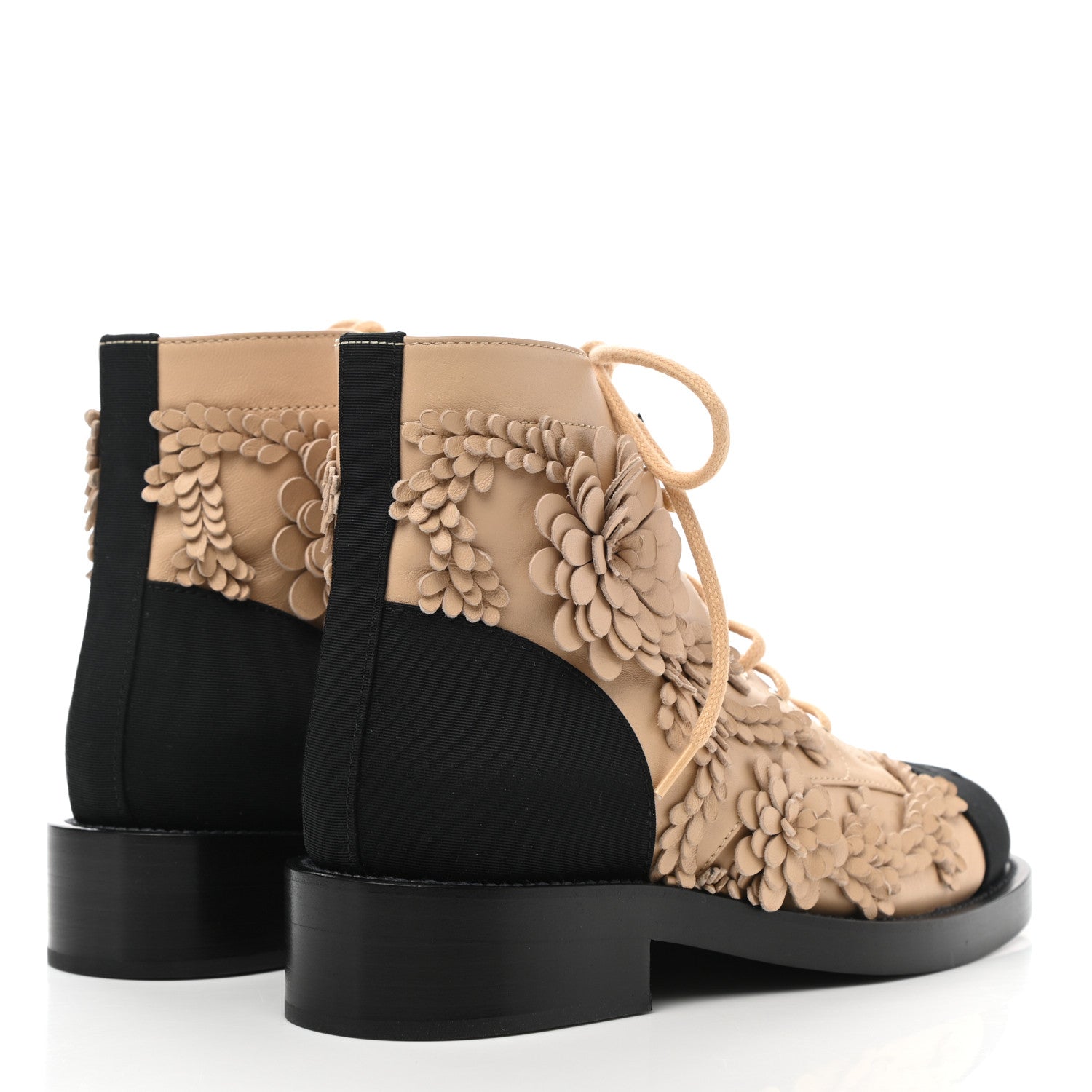 Chanel Embroidered Lambskin Grosgrain Lace Up Boots 37 Beige Black 4 of 9
