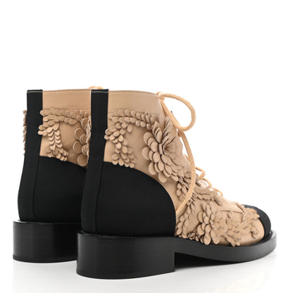 Chanel Embroidered Lambskin Grosgrain Lace Up Boots 37 Beige Black 4 of 9