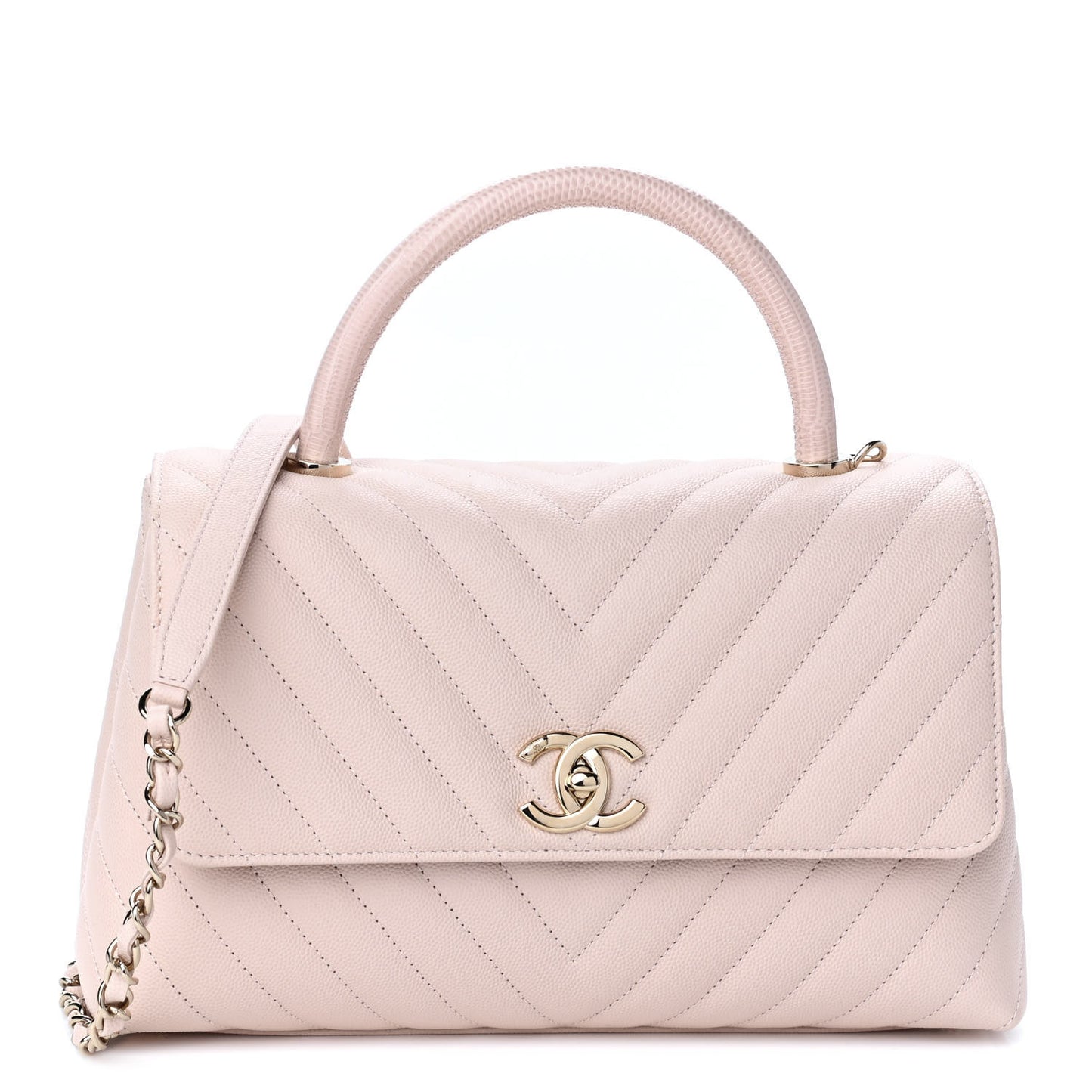 Caviar Lizard Embossed Chevron Quilted Small Coco Handle Flap Beige