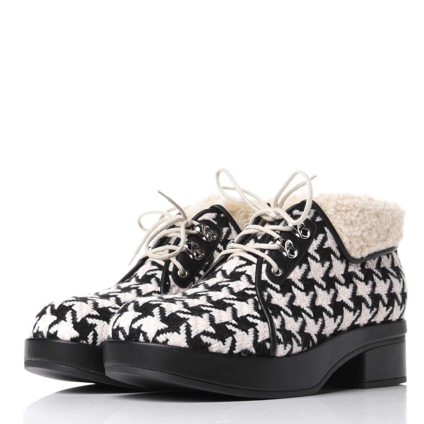 Optical Tweed Faux Shearling Houndstooth Victor Lace Up Ankle Boots 37.5 White Black