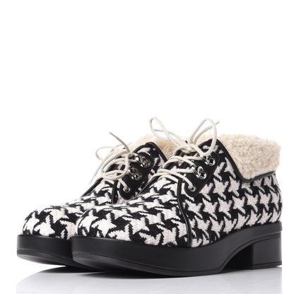 Gucci Optical Tweed Faux Shearling Houndstooth Victor Lace Up Ankle Boots 37.5 White Black 3 of 10