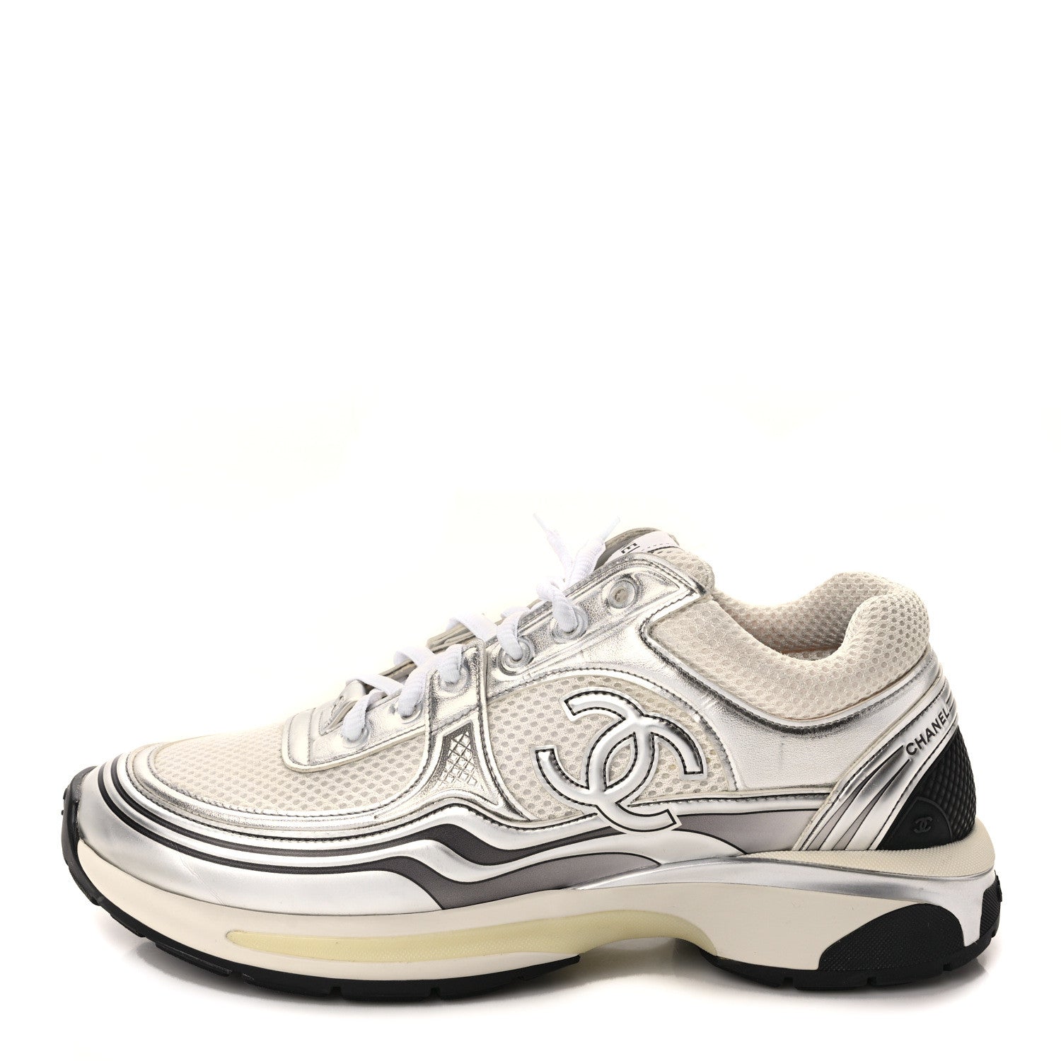 Chanel Fabric Laminated Calfskin Stretch CC Sneakers 40.5 White Silver 1 of 10