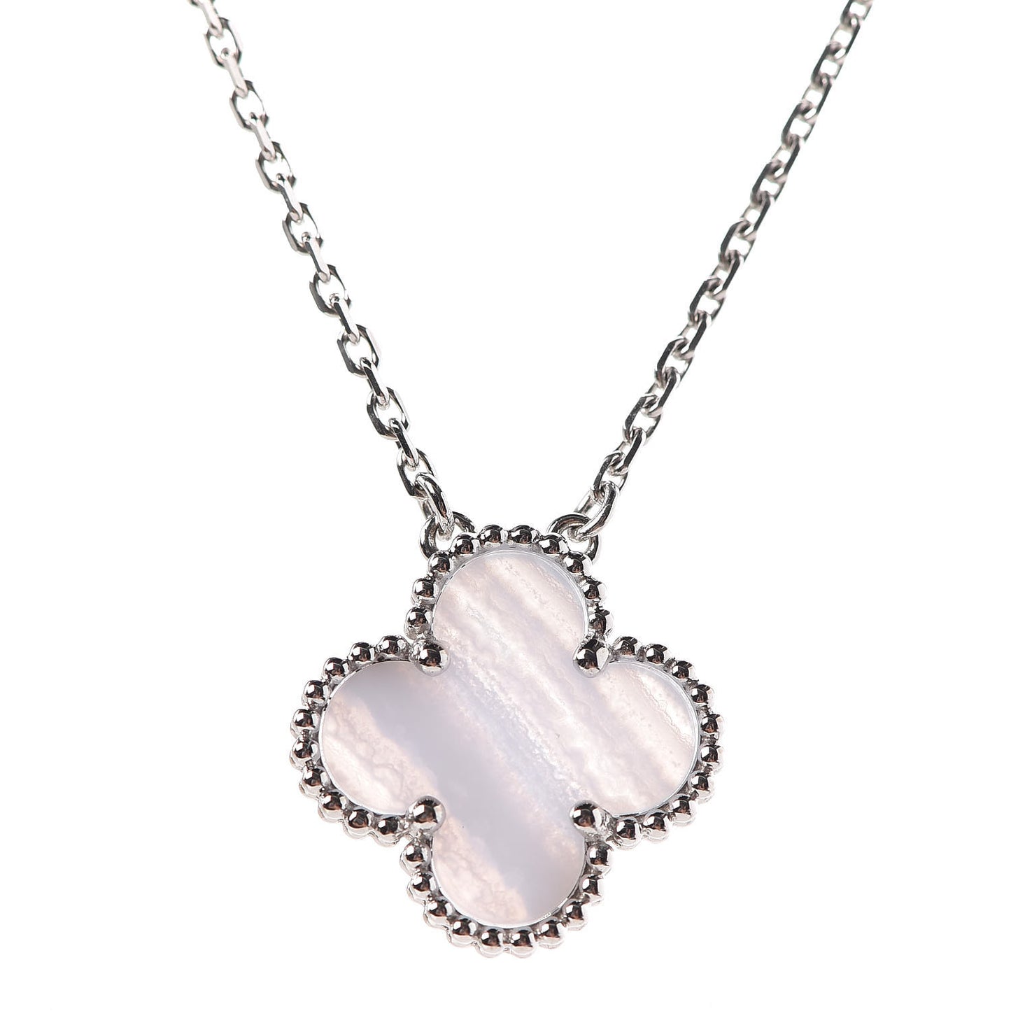 18K White Gold Chalcedony Vintage Alhambra Pendant Necklace