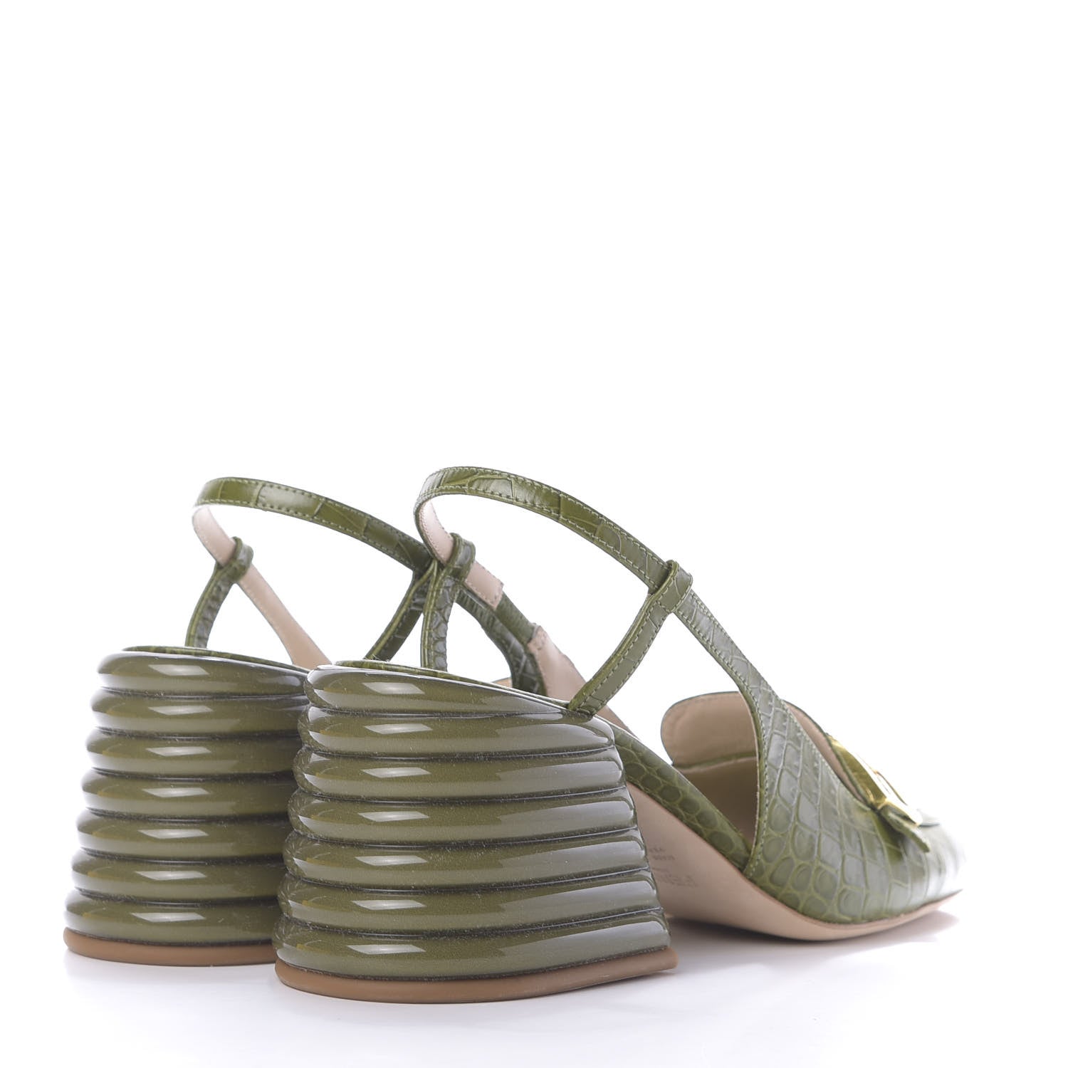 Fendi Calfskin Crocodile Embossed Promenade Slingback Loafer Pumps 38.5 Military Green 4 of 12