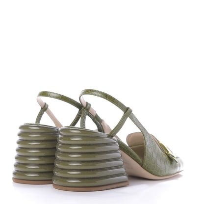 Fendi Calfskin Crocodile Embossed Promenade Slingback Loafer Pumps 38.5 Military Green 4 of 12