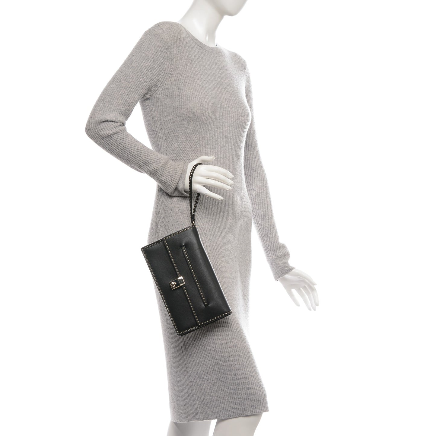 Calfskin Rockstud Turn Lock Flap Clutch Black