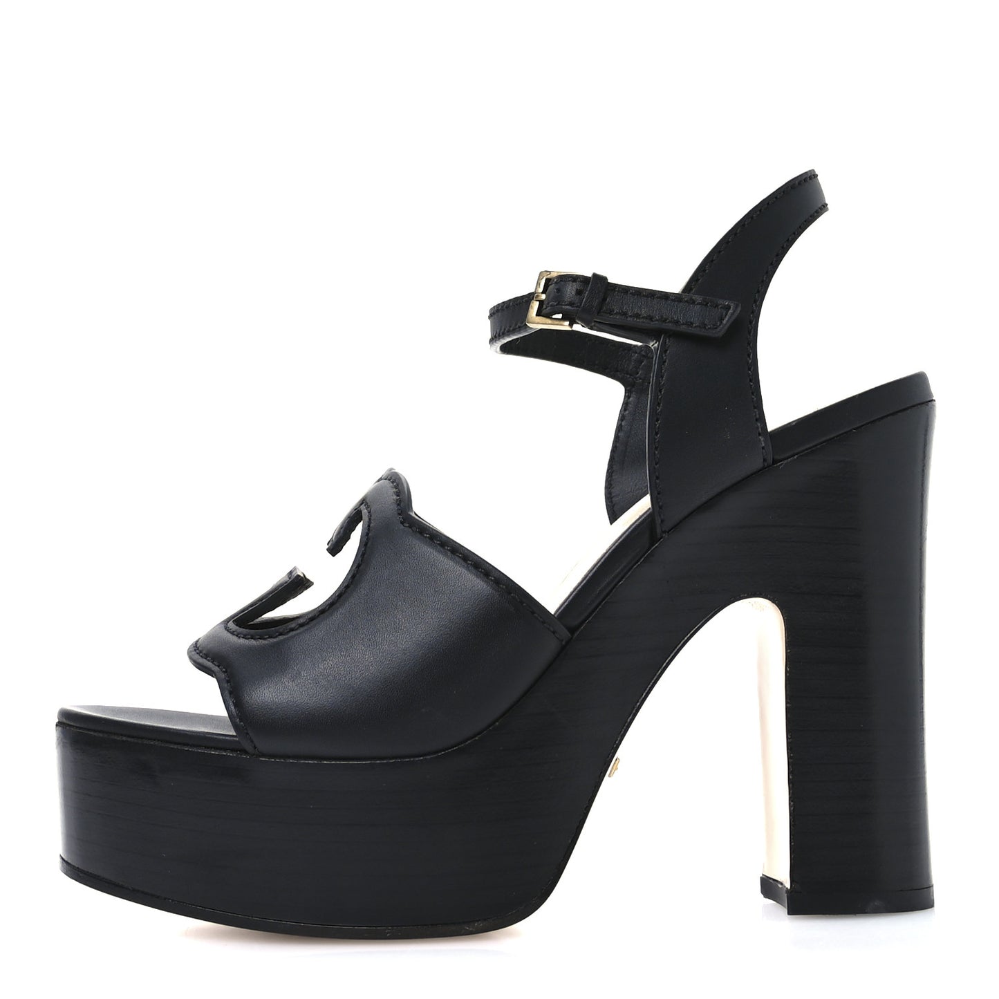 Cosmos Softy Calfskin Wooden Interlocking G Cut-Out 30/120mm Platform Sandals 39.5 Black