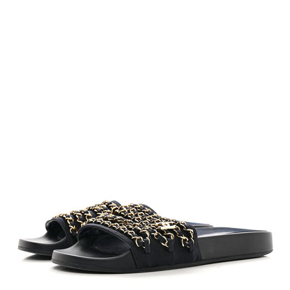 Chanel Satin Canvas Chain Slides Sandals Flats 40 Marine 3 of 11
