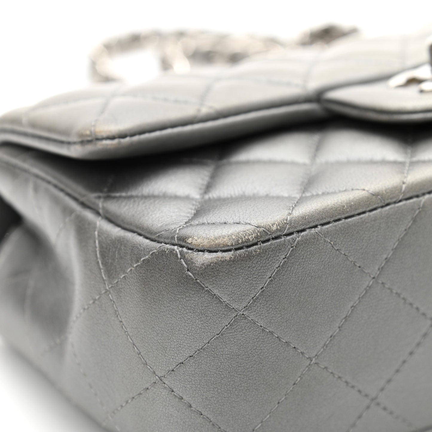 Metallic Lambskin Quilted Mini Rectangular Flap Silver