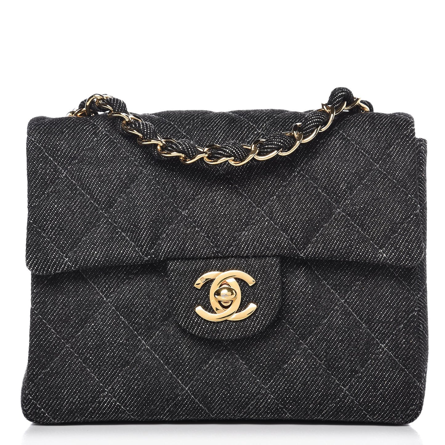 Denim Quilted Mini Square Flap Black