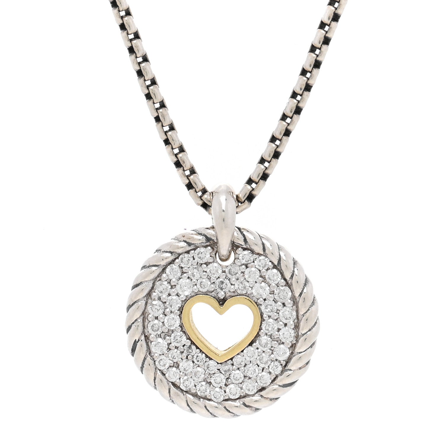 David Yurman Sterling Silver 18K Yellow Gold Diamond Petite Pave Heart Pendant Necklace 3 of 4