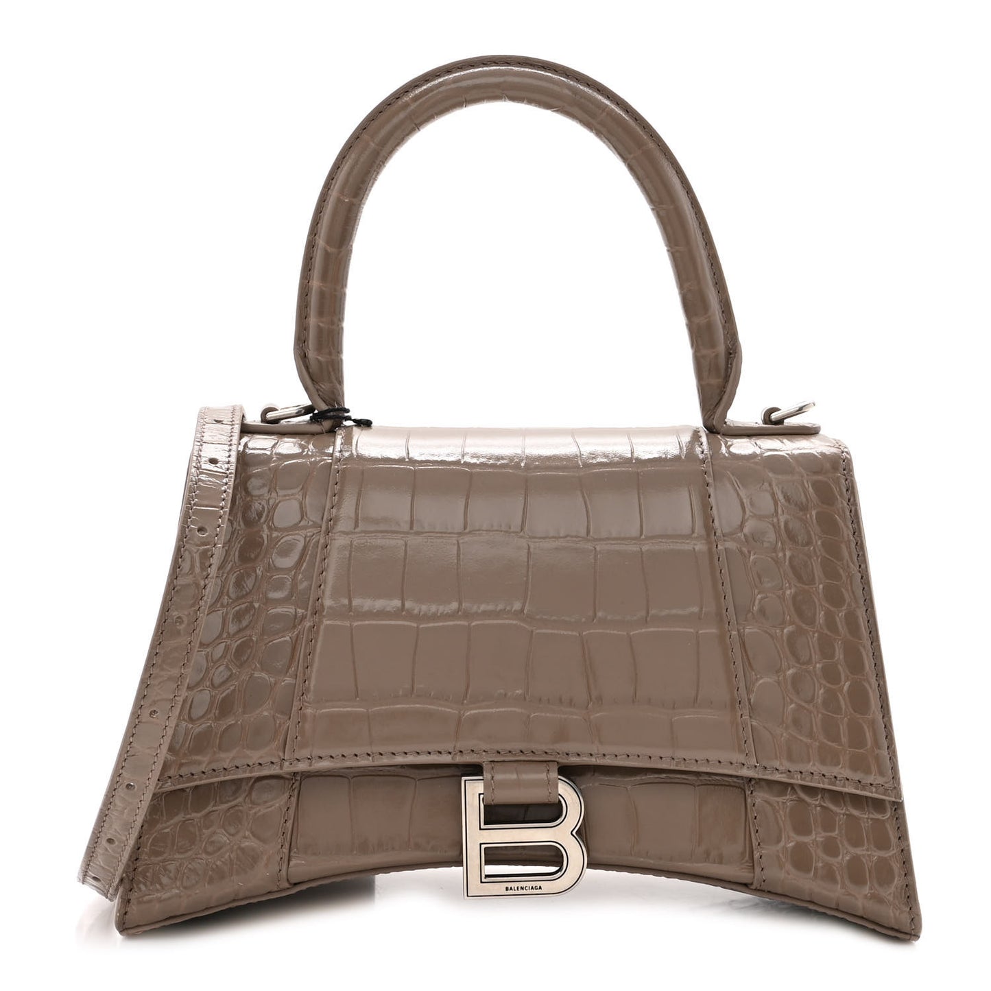 Shiny Calfskin Crocodile Embossed Small Hourglass Top Handle Bag Mink Grey