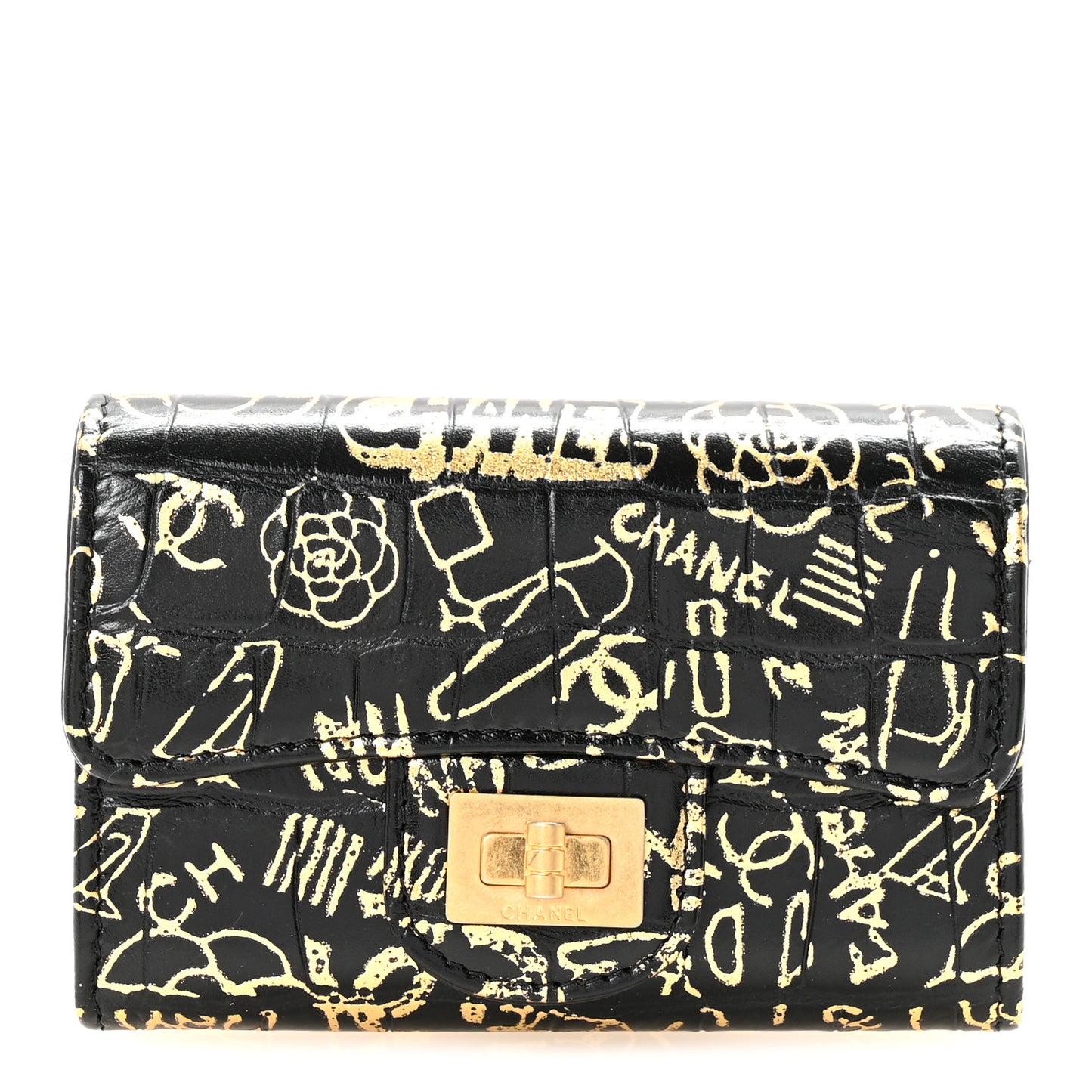 Calfskin Crocodile Embossed Graffiti 2.55 Cocodile Reissue Flap Card Holder Black Gold Black Gold