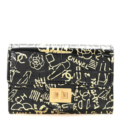 Chanel Calfskin Crocodile Embossed Graffiti 2.55 Cocodile Reissue Flap Card Holder Black Gold Black Gold 1 of 8