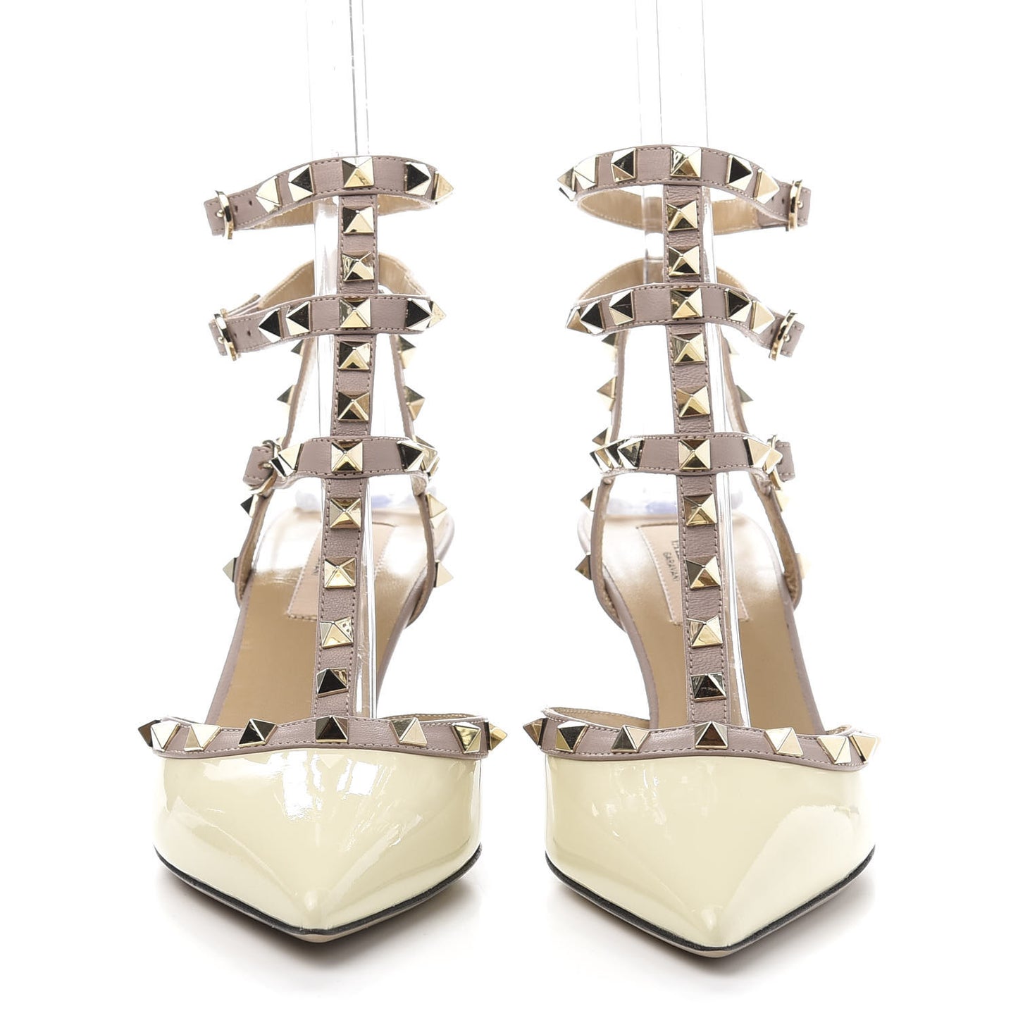 Patent Rockstud Ankle Strap Low Heel Pumps 37 Ivory Poudre