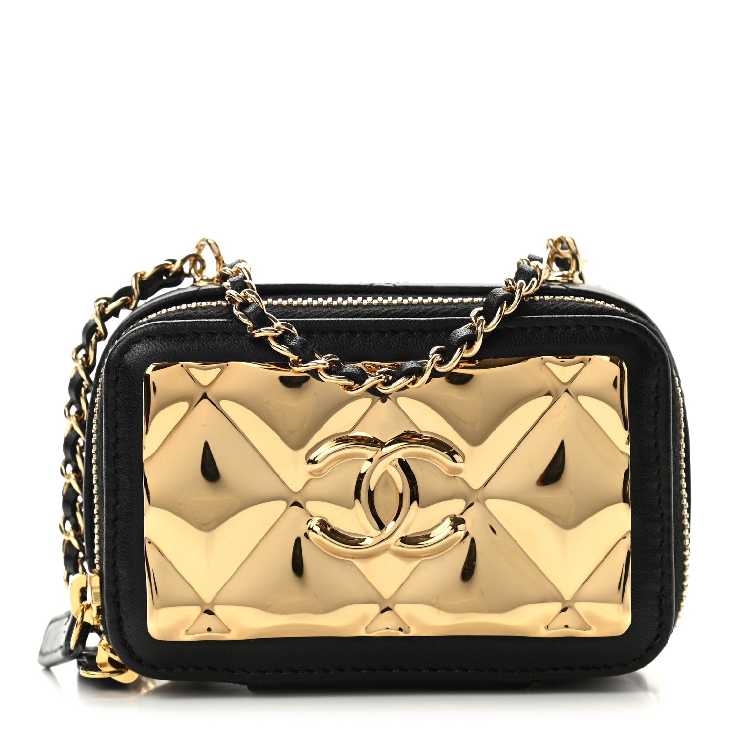 Chanel Lambskin Quilted Mini Golden Plate Clutch With Chain Black 1 of 7