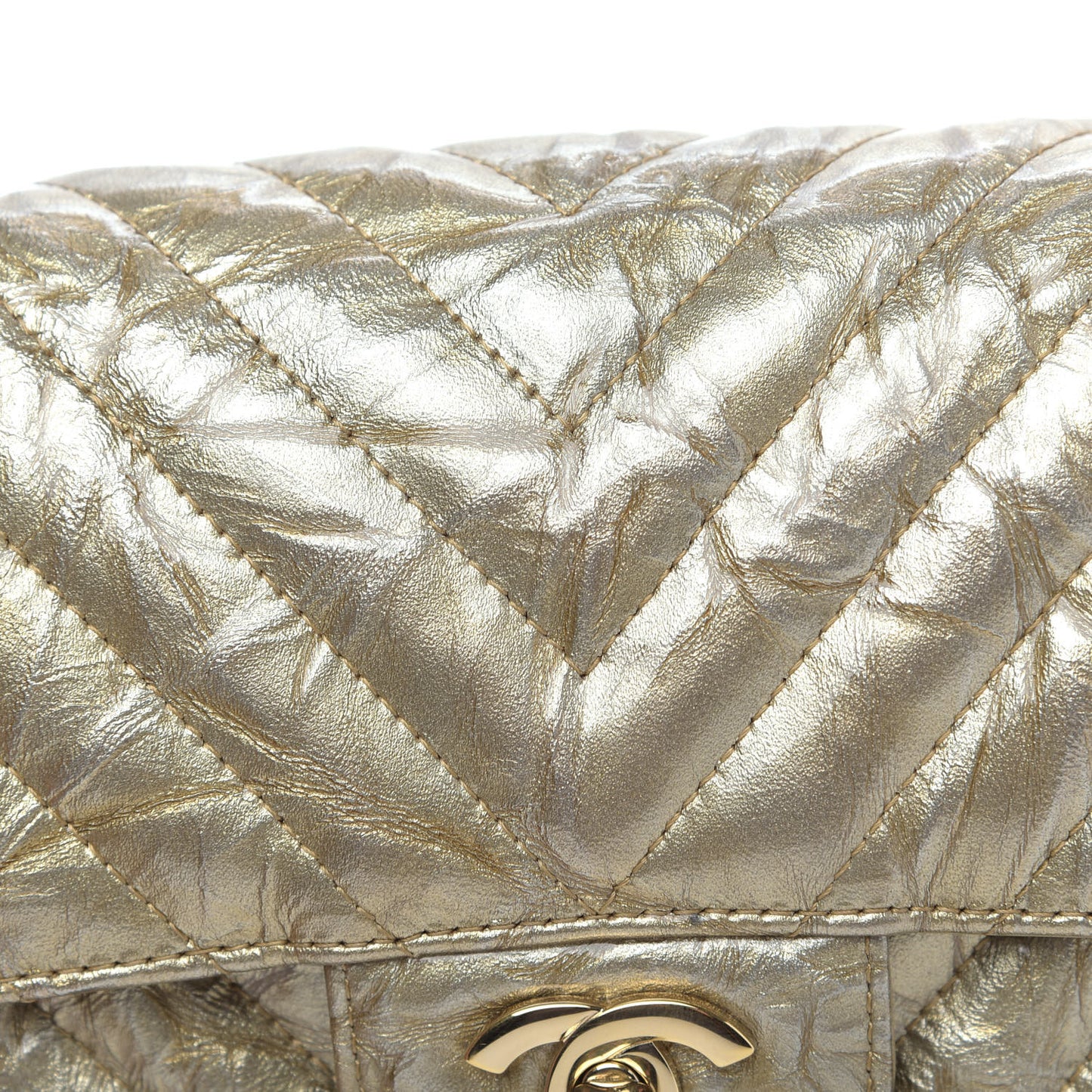 Patent Metallic Crumpled Calfskin Chevron Quilted Mini Rectangular Flap Gold