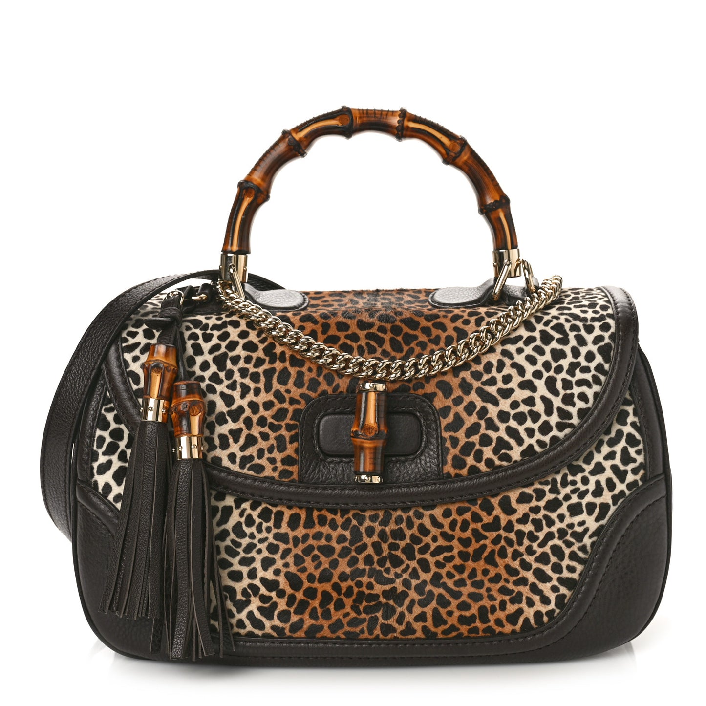 Pony Hair Jaguar Print Large New Bamboo Top Handle Bag