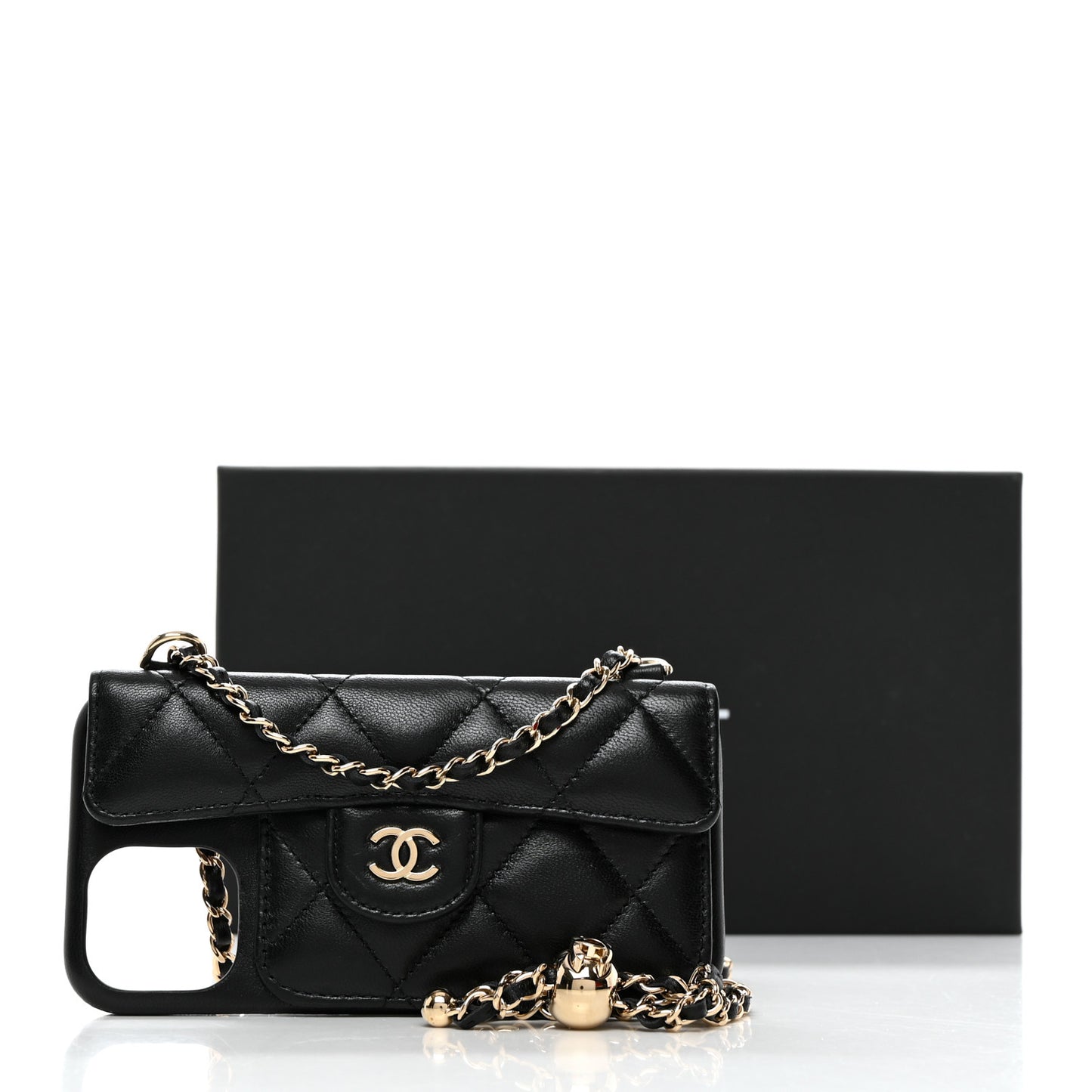 Lambskin Quilted Pearl Crush iPhone XII Pro Holder With Chain Black