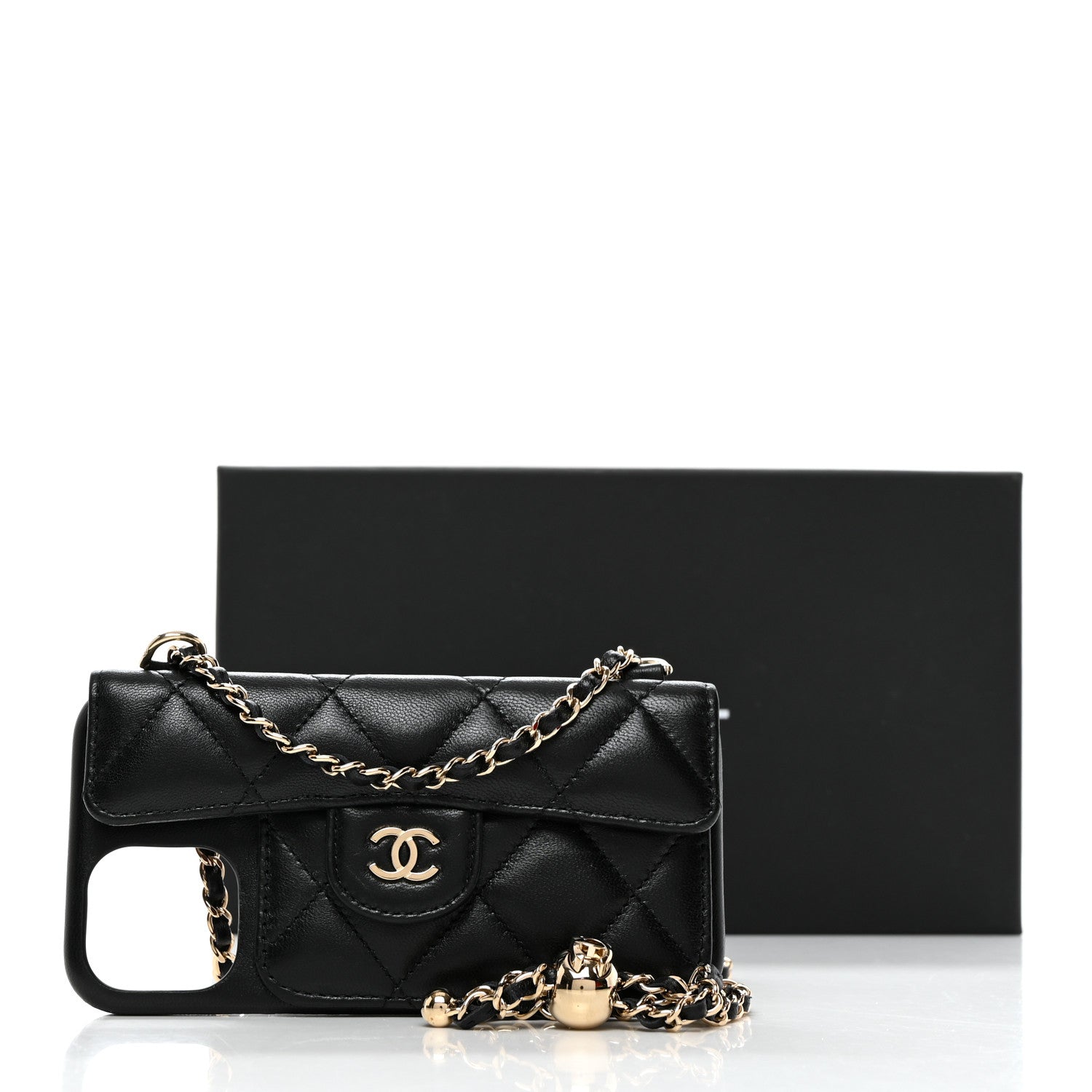 Chanel Lambskin Quilted Pearl Crush iPhone XII Pro Holder With Chain Black 6 of 6