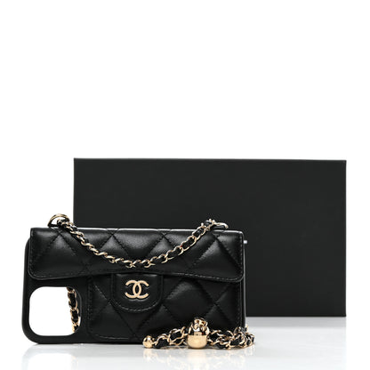 Chanel Lambskin Quilted Pearl Crush iPhone XII Pro Holder With Chain Black 6 of 6