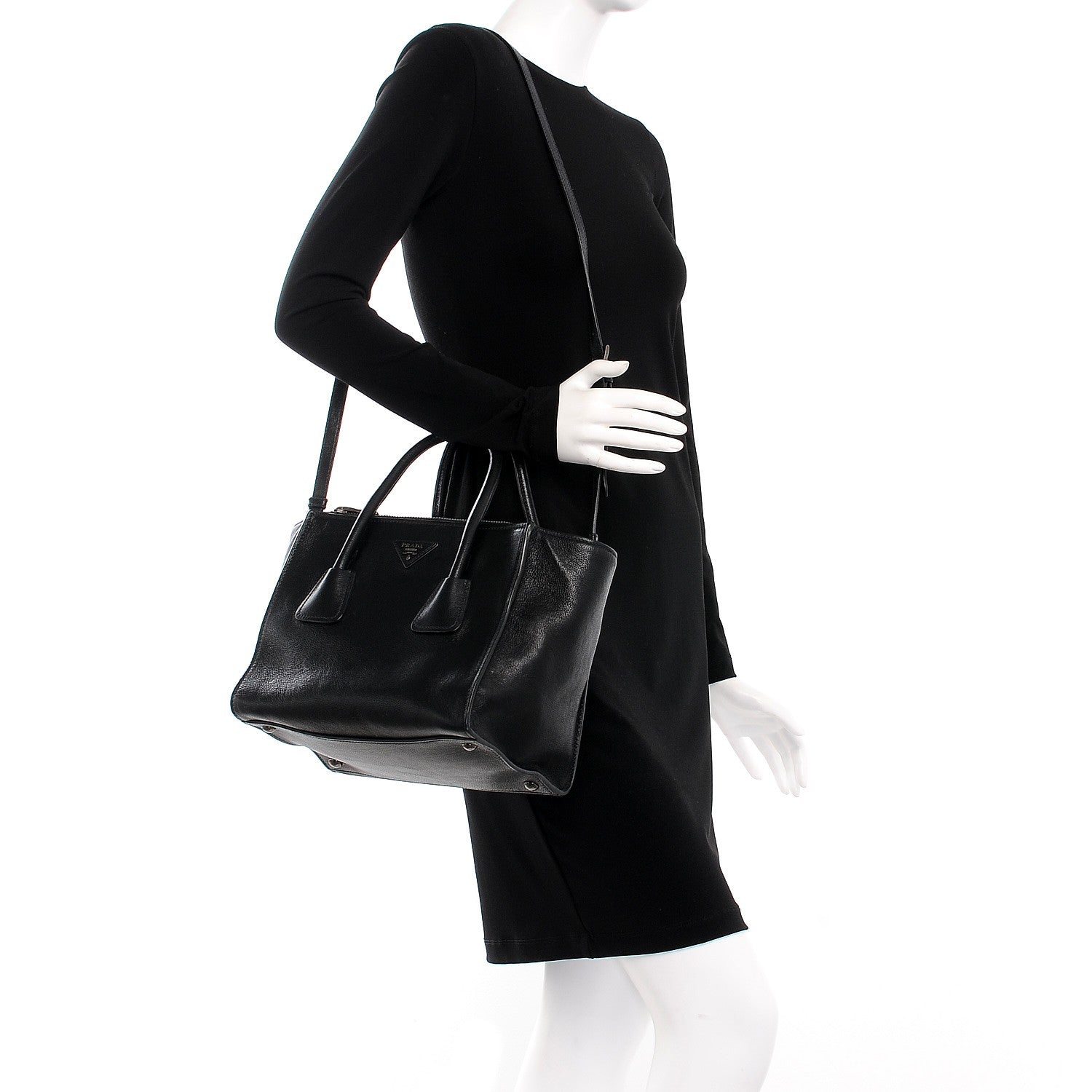 Prada Glace Calf Small Twin Pocket Tote Nero Black 2 of 12