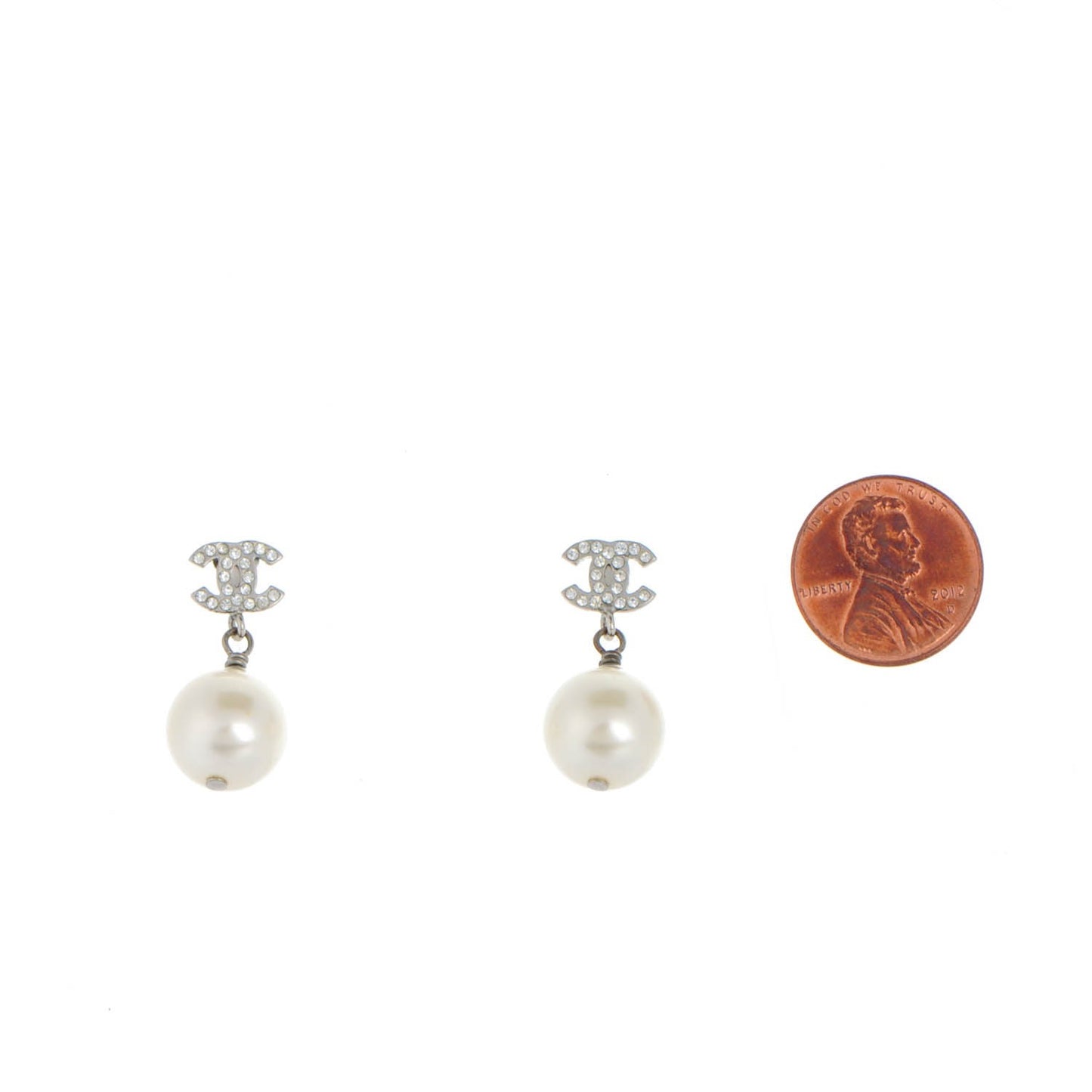 Crystal Pearl CC Drop Earrings Silver
