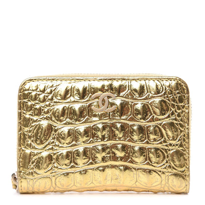 Chanel Metallic Calfskin Crocodile Embossed Cocodile Zip Coin Case Gold 1 of 10